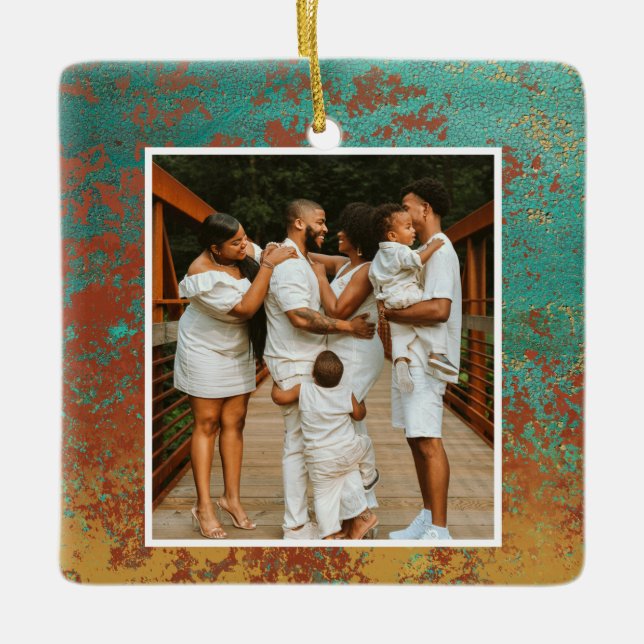 Copper Turquoise Family Photo Monogram Initial Ceramic Ornament (Front)
