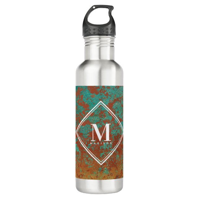 Copper Turquoise Metallic Texture Monogram Initial 710 Ml Water Bottle (Front)