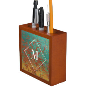Copper Turquoise Metallic Texture Monogram Initial Desk Organiser
