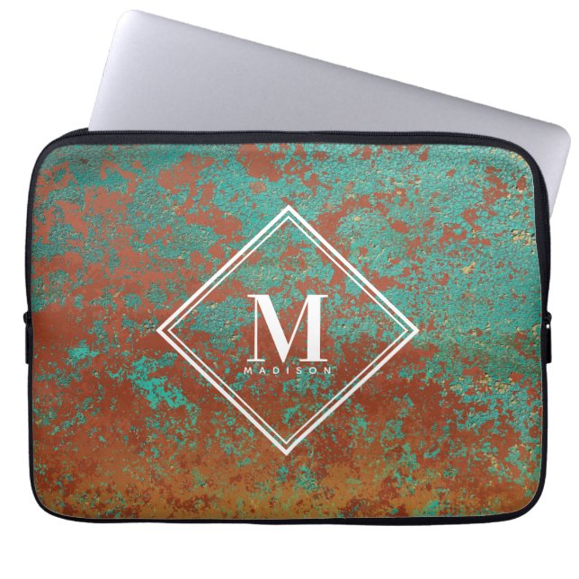 Copper Turquoise Metallic Texture Monogram Initial Laptop Sleeve (Front)