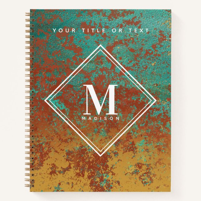 Copper Turquoise Metallic Texture Monogram Initial Notebook (Front)