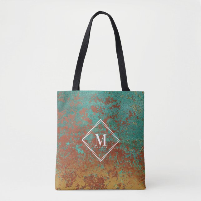 Copper Turquoise Metallic Texture Monogram Tote Bag (Front)