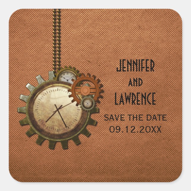 Copper Vintage Clock Save the Date Stickers (Front)