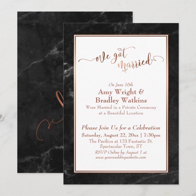 Copper We Got Married Black Marble Celebration Invitation (Front/Back)