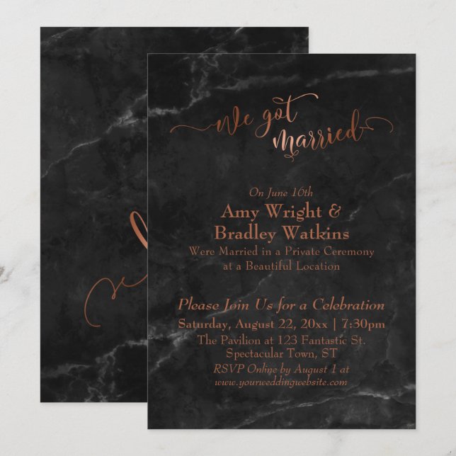 Copper We Got Married Script on Black Marble Invitation (Front/Back)