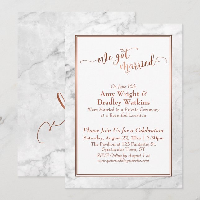 Copper We Got Married White Marble Celebration Invitation (Front/Back)