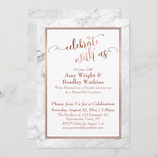 Copper White Marble Celebrate with Us Wedding Fun Invitation (Front/Back)