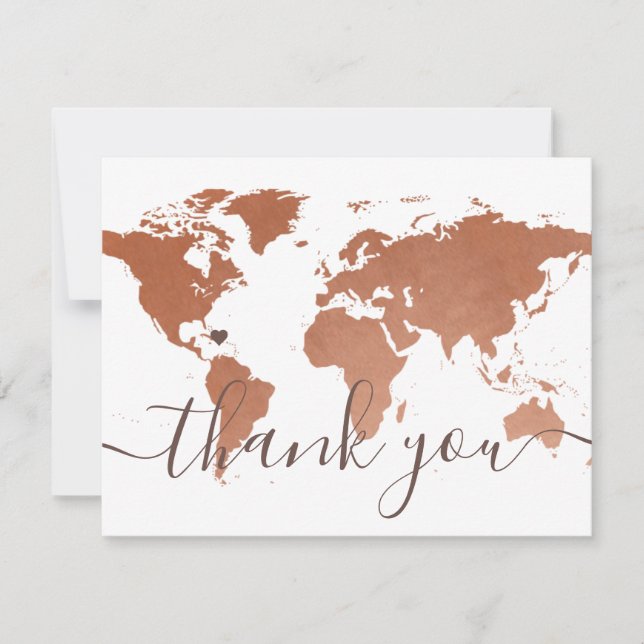 Copper World Map Beach Destination Wedding Pic Thank You Card (Front)