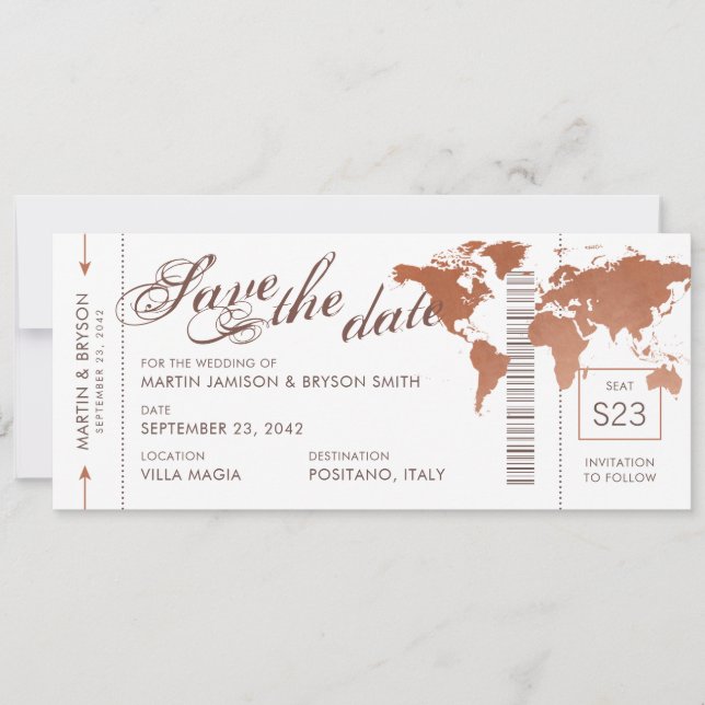 Copper World Map Boarding Pass Save Date Card (Front)