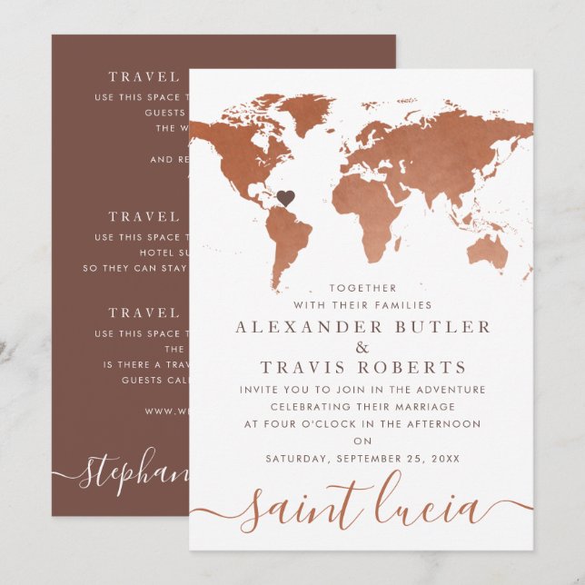 Copper World Map Destination Wedding Invitation (Front/Back)