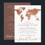 Copper World Map Destination Wedding Invitation<br><div class="desc">A unique world map invitation in copper and sepia brown rust tones with an editable heart location and destination wording at the bottom, perfect for a wedding abroad or local at-home reception. —Click CUSTOMIZE FURTHER to make all design edits including moving the heart or adjusting spacing of the travel information...</div>