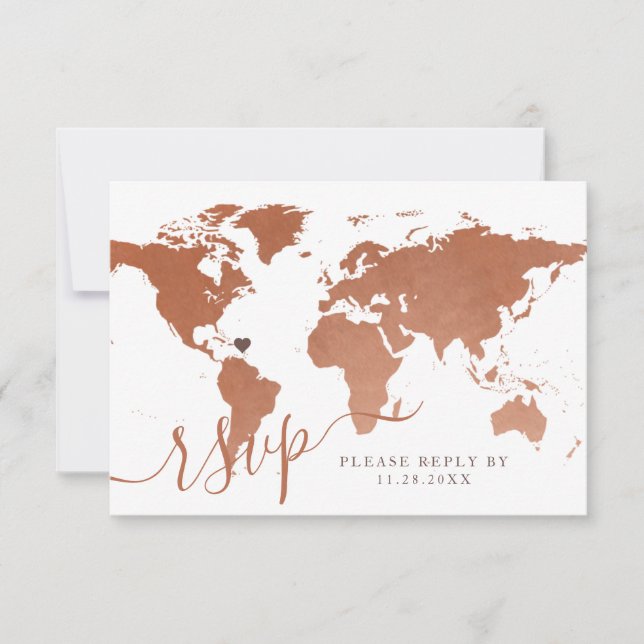Copper World Map Travel Theme Destination Wedding RSVP Card (Front)