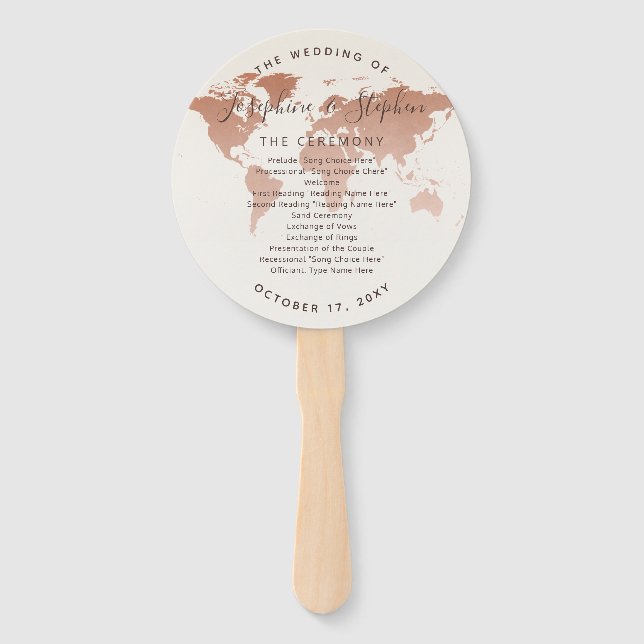 Copper World Map Travel Theme Wedding Program Hand Fan (Front)