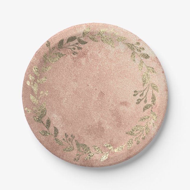Copper Wreath Pink Rose Gold Laurel Bridal Wedding Paper Plate (Front)