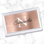 Coppery Rose Gold Faux Metallic Foil Monogram Business Card Holder<br><div class="desc">Create your own black and white monogrammed modern minimalist business card case.
Modern monoline style script for her name over a more classic style monogram font.
The background features a faux blush and light rose gold brushed metal style ombre foil that prints like a photo.</div>