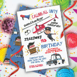 Cops and Robbers Birthday Party Invitation<br><div class="desc">Super cute Cops and Robbers birthday party invitation with fun funky fonts. Features a police man hanging like a superhero from a helicopter,  holding a donut,  a robber or escaped inmate with a bag of cash,  handcuffs,  megaphone and police car.</div>