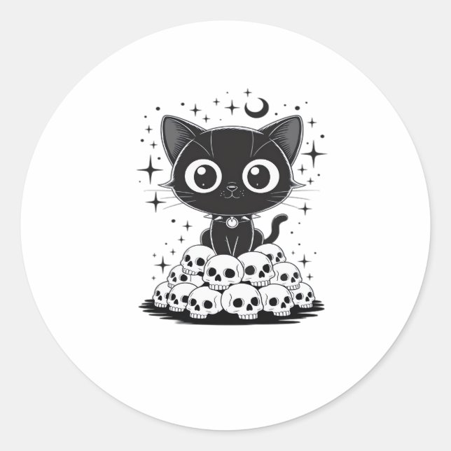 Copy of Cat Skulls Creepy Cute Kitty Goth Black Al Classic Round Sticker (Front)