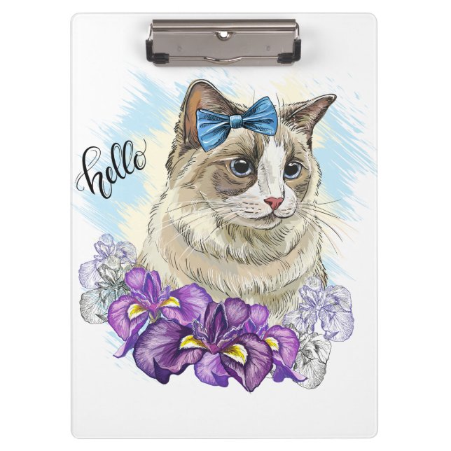 Copy of Hand drawing funny Cute cat with flowers Clipboard (Front)