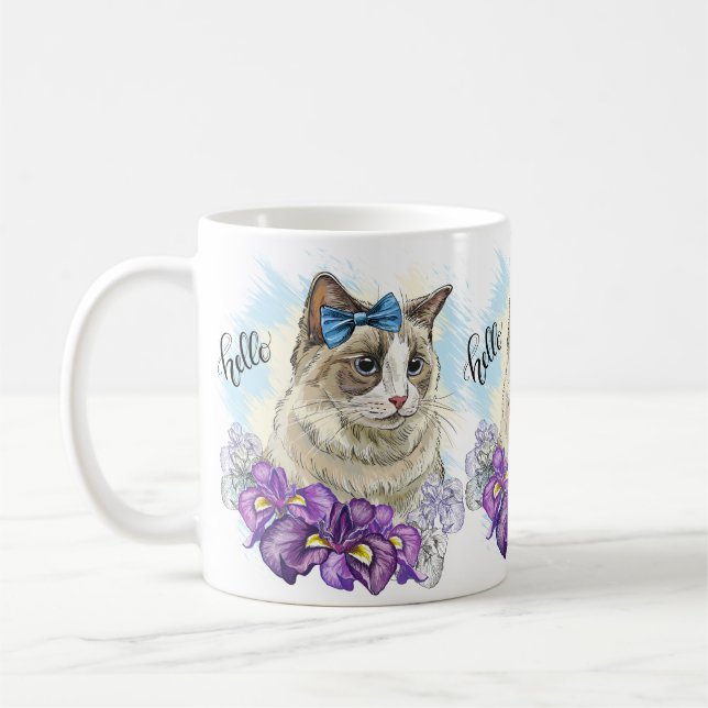 Copy of Hand drawing funny Cute cat with flowers Coffee Mug (Left)