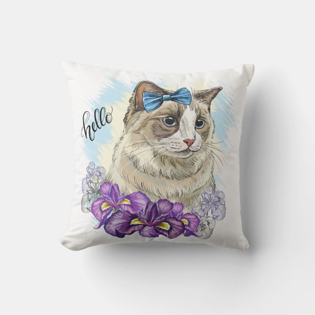 Copy of Hand drawing funny Cute cat with flowers Cushion (Front)