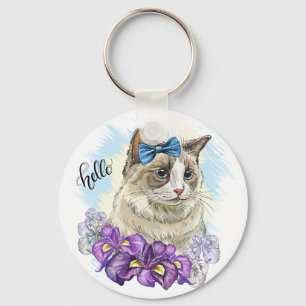 Copy of Hand drawing funny Cute cat with flowers Key Ring