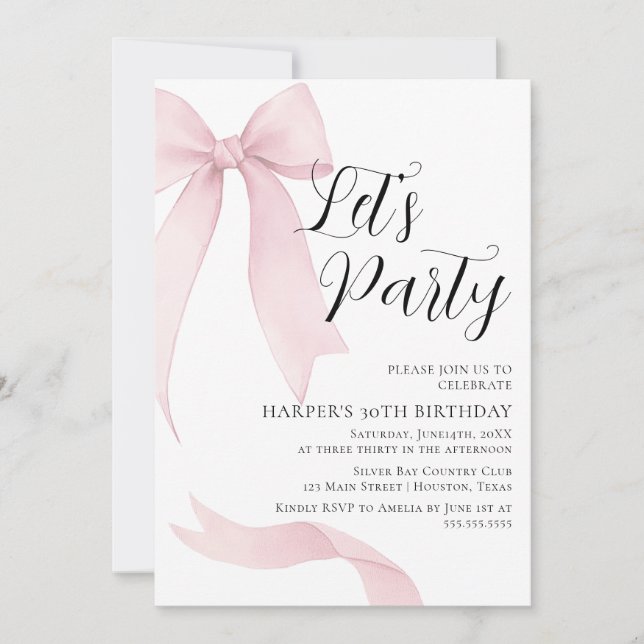 Coquete pink bow Birthday party Invitation (Front)
