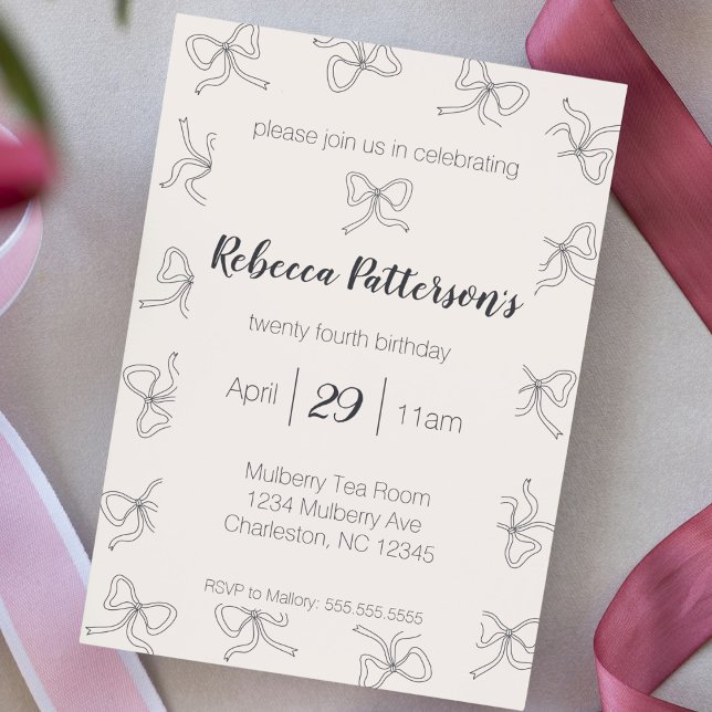 Coquette Aesthetic Black Bow Cute Feminine Party Invitation (coquette aesthetic black bows pattern cute feminine party invite girly shabby chic tea party Bach )
