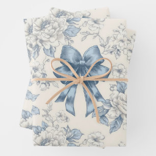 Coquette Aesthetic Blue and White Vintage Floral Wrapping Paper Sheet