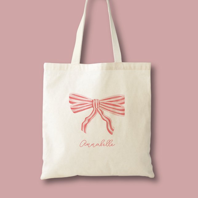 Coquette Aesthetic Blush Pink Bow & first name Tote Bag (Cute coquette aesthetic pink bow personalized tote bag.)