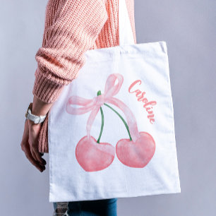 Coquette Aesthetic Cherries & Pink Bow Cute Girly Tote Bag