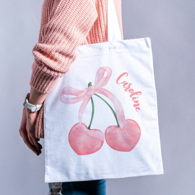 Coquette Aesthetic Cherries & Pink Bow Cute Girly Tote Bag (Creator Uploaded)