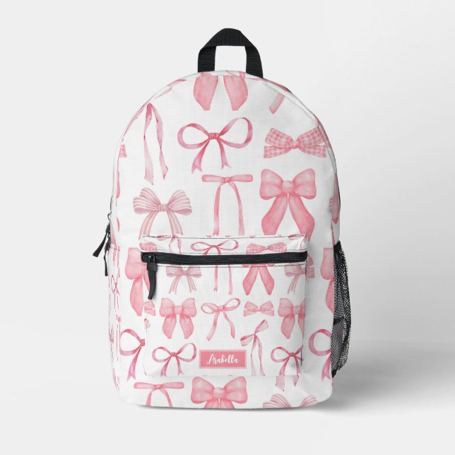 Coquette Aesthetic Cute Girly Feminine Pink Bow Printed Backpack (Front)