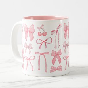 Coquette Aesthetic Cute Girly Feminine Pink Bow  Two-Tone Coffee Mug