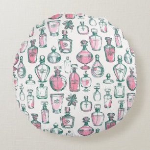 Coquette Aesthetic Pink and Green Perfume Bottles Round Cushion