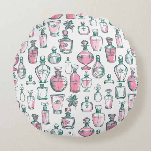 Coquette Aesthetic Pink and Green Perfume Bottles Round Cushion (Front)