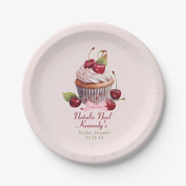 Coquette Aesthetic Pink Bow Cherry Cake Fancy Girl Paper Plate (Front)