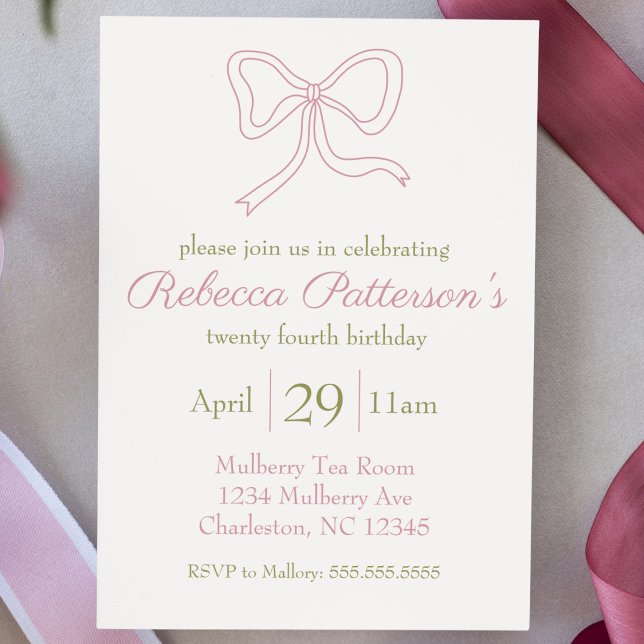 Coquette Aesthetic Pink Bow Feminine Bday Party Invitation (coquette aesthetic birthday party invitation pink bow cute script feminine girly shabby chic vintage)