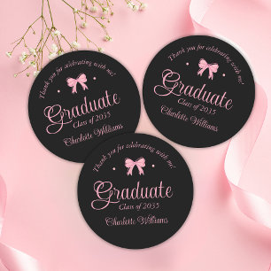 Coquette Aesthetic Pink Bow Graduation Thank You Classic Round Sticker