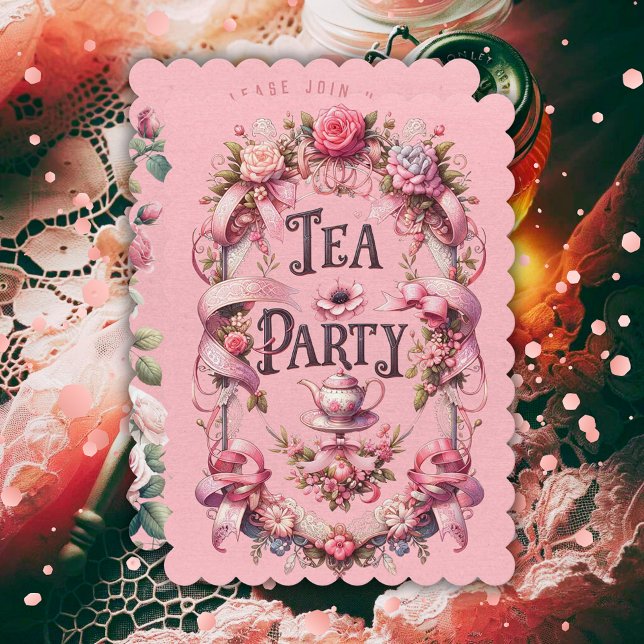 Coquette Aesthetic Tea Party Birthday Invitation (birthday tea party invitation teapot tea cups roses coquette aesthetic girly pink ribbons lace)