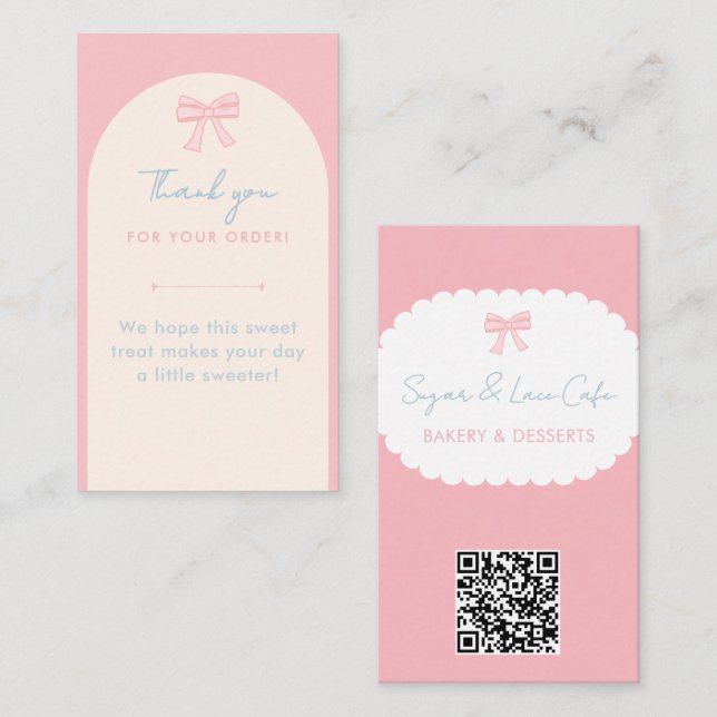 Coquette Bakery Thank You Pink Bow QR Code Business Card (Front/Back)