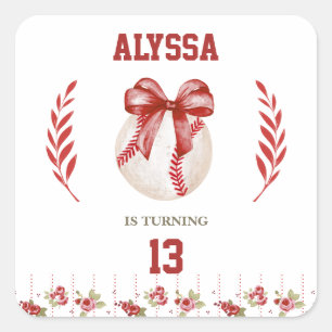 Coquette Baseball Red Bow Floral Modern Birthday Square Sticker