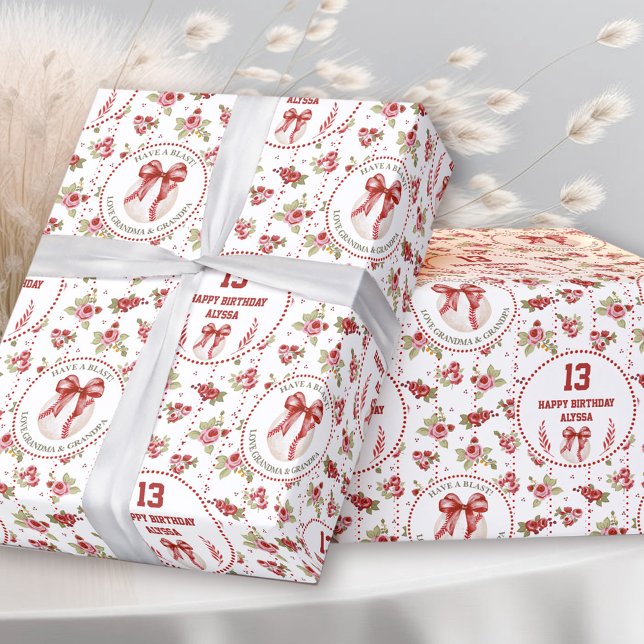 Coquette Baseball Red Modern Girl Birthday Name Wrapping Paper (Coquette Baseball Red Bow Floral Modern Birthday Wrapping Paper)