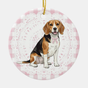 Coquette Beagle Dog Pink Gingham Bows Ceramic Tree Decoration