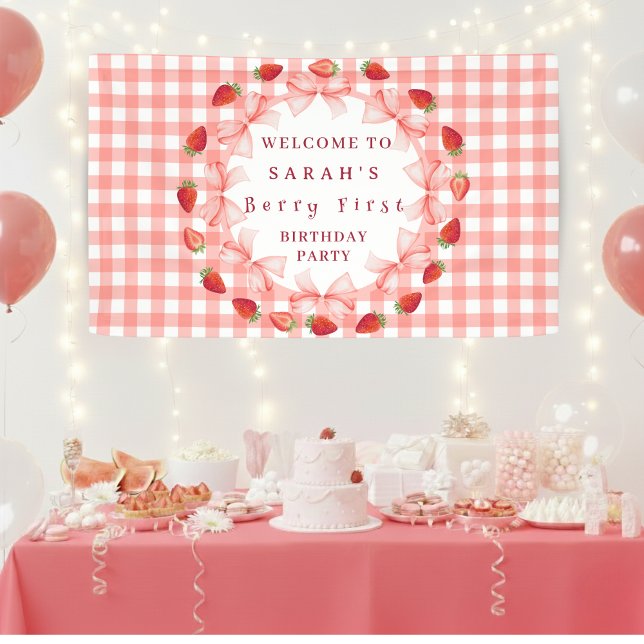 Coquette Berry First Birthday Red Gingham Banner (Coquette Berry First Birthday Red Gingham Banner)