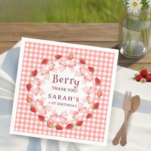 Coquette Berry First Birthday Red Gingham  Napkin (Coquette Berry First Birthday Red Gingham Napkins)