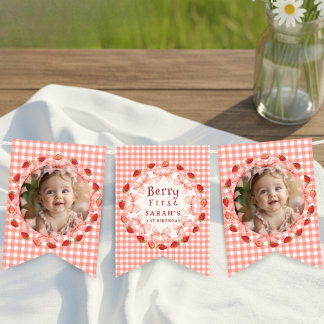 Coquette Berry First Birthday Red Gingham Photo Bunting
