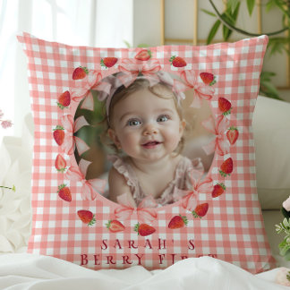 Coquette Berry First Birthday Red Gingham Photo  Cushion