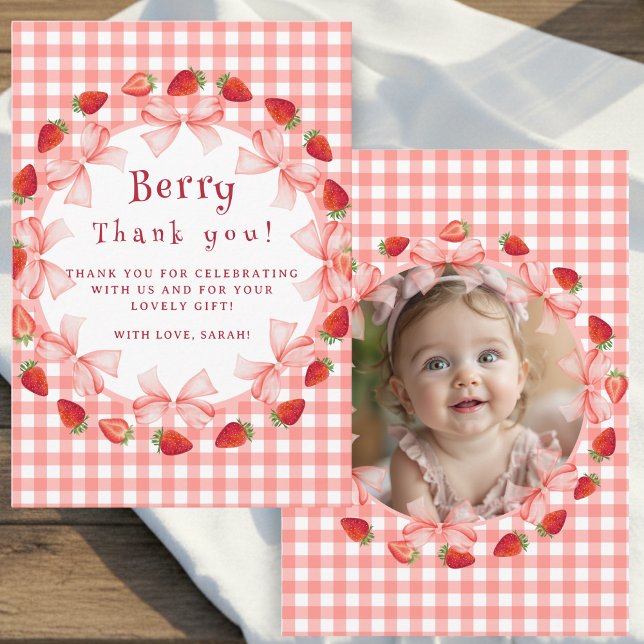 Coquette Berry First Birthday Red Gingham Photo Thank You Card (Coquette Berry First Birthday Red Gingham Photo Thank You Card)