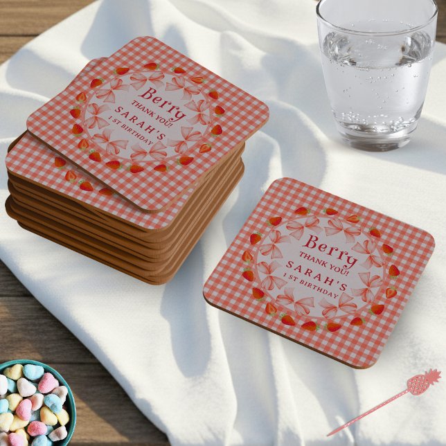 Coquette Berry First Birthday Red Gingham  Square Paper Coaster (Coquette Berry First Birthday Red Gingham Square Paper Coaster)