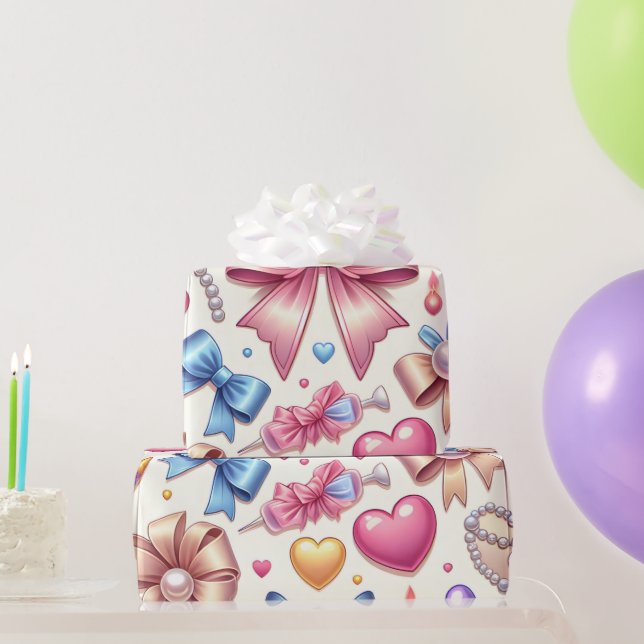 Coquette Birthday Wrapping Paper, Bows, Pearls &  Paper (Party Gifts)